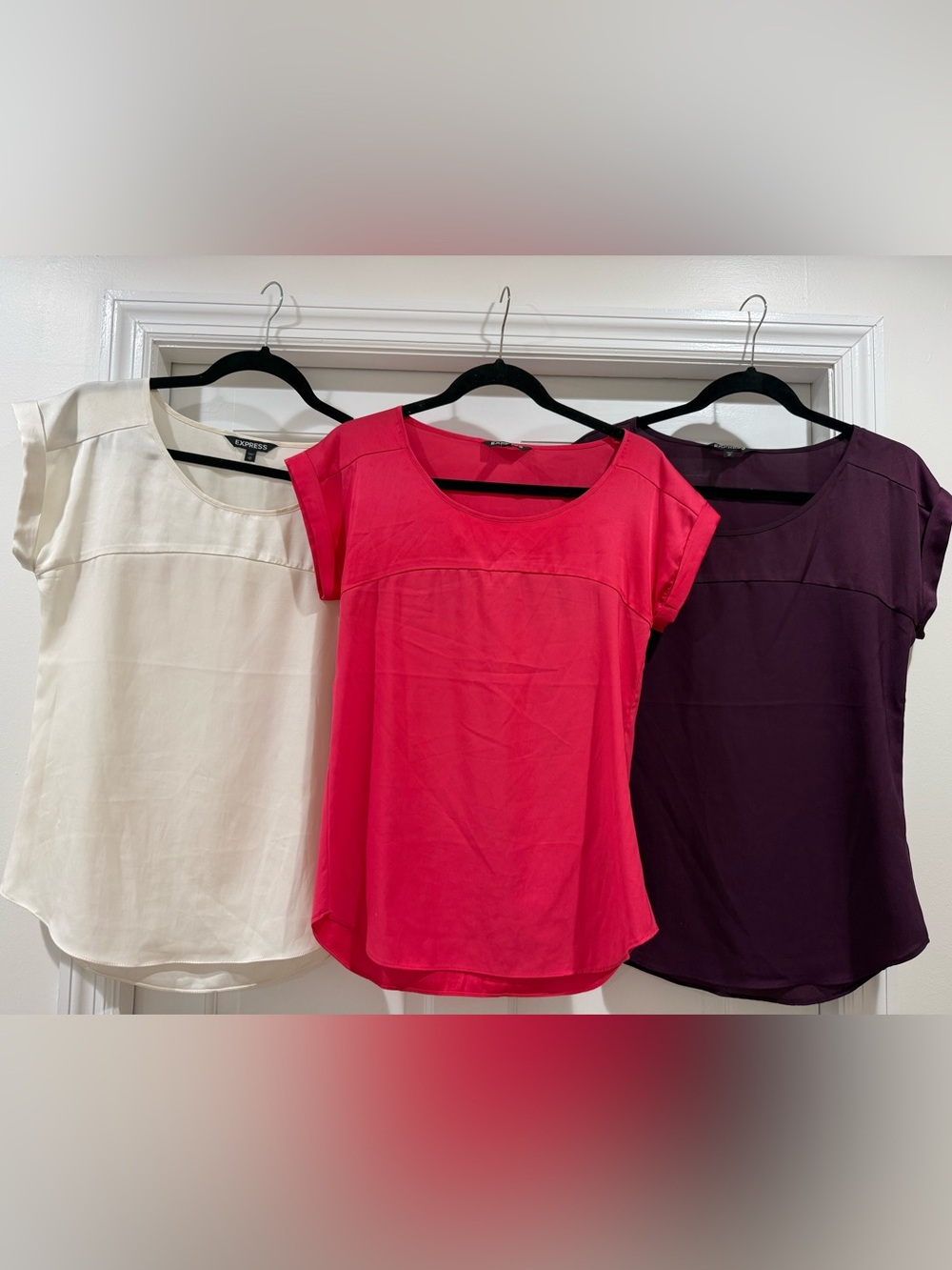 Express Short Sleeve Scoop Neck Top in Pink, Cream & Purple (3-Pack)